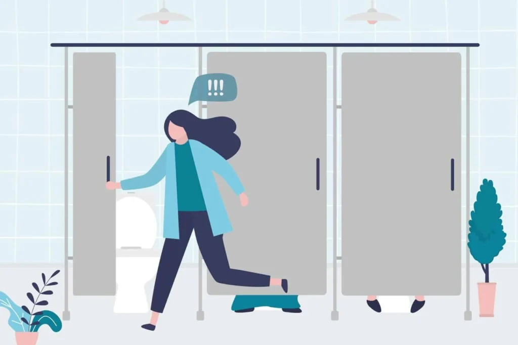 graphic of Urine incontinence Portsmouth woman running to the toilet.