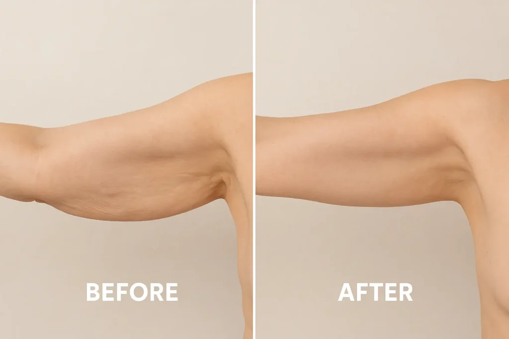 Picture of LA LIPO Portsmouth before and after results of skin tightening treatment on the upper arms.