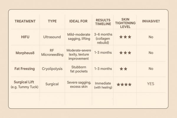 Table showing the comparisons of Skin tightening Portsmouth treatment options.